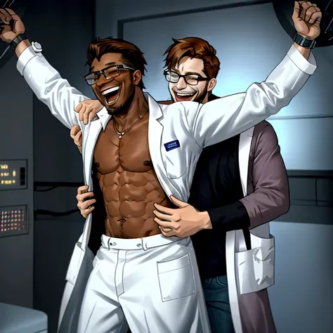 digital art, 2 men, muscular handsome ginger haired man wearing a white lab coat and glasses laughing hands above head tied, muscular handsome brown haired dark skinned man wearing a white lab coat and glasses laughing , disembodied  mechanical hands every...