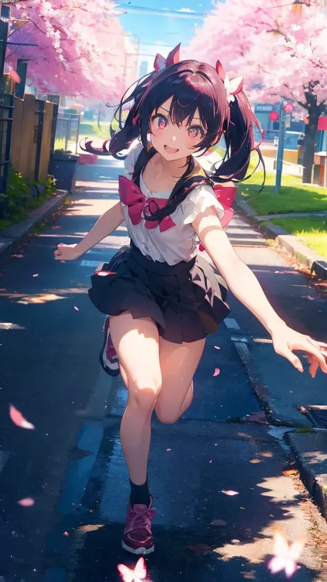 1 anime girl, alone,Black petals flutter, A mysteriously shining butterfly.city,bright pink hair,red gem eyes,long twin tails,thin legs,very clear,highest quality,辺り一面のcherry blossoms,都city,cherry blossoms,cherry blossomsミク,beautiful morning,Asahi,close up...