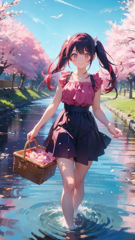 1 anime girl, alone,Black petals flutter, A mysteriously shining butterfly.city,bright pink hair,red gem eyes,long twin tails,thin legs,very clear,highest quality,辺り一面のcherry blossoms,都city,cherry blossoms,cherry blossomsミク,beautiful morning,Asahi,close yo...