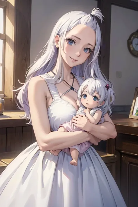 (best quality,4k,8k,highres,masterpiece:1.2),ultra-detailed,realistic,photorealistic:1.37, Mirajane Strauss with a beautiful smile wearing a simple white dress and holding a baby girl 