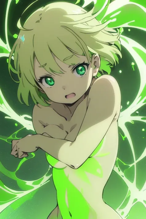 surprised, surprised arms, green transparent background, ((((lightgreen glowing body, glowing bodyskin, glowing nude, glowing nude_only)))), flying in the center, ((masterpiece, best quality)), 1girl, topless, solo, teenager, blonde hair, short hair, long ...