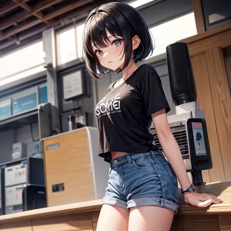 10 year old female，black hair，black shirt，standing facing the front，small breasts，whole body，Angle from the side