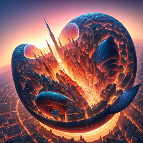 Hyperrealism surrealism merges as a colossal whale carries a sprawling metropolis on its expansive back, cities nested within the crevices of its otherworldly form, the architecture ranging from gothic spires to futuristic skyscrapers, vibrant life bustlin...