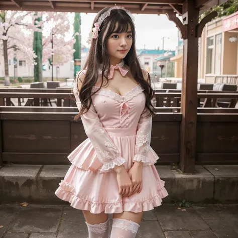 best quality, masterpiece, lifelike, 1 girl, alone, eternal, black hair, Long curly hair, blunt bangs, Smile, pink skirt, pink lolita dress, layered skirt, Lolita style long skirt,分層連衣裙 lace-trimmed 裙子, decorate, lace, long sleeve, puff sleeves, wide sleev...