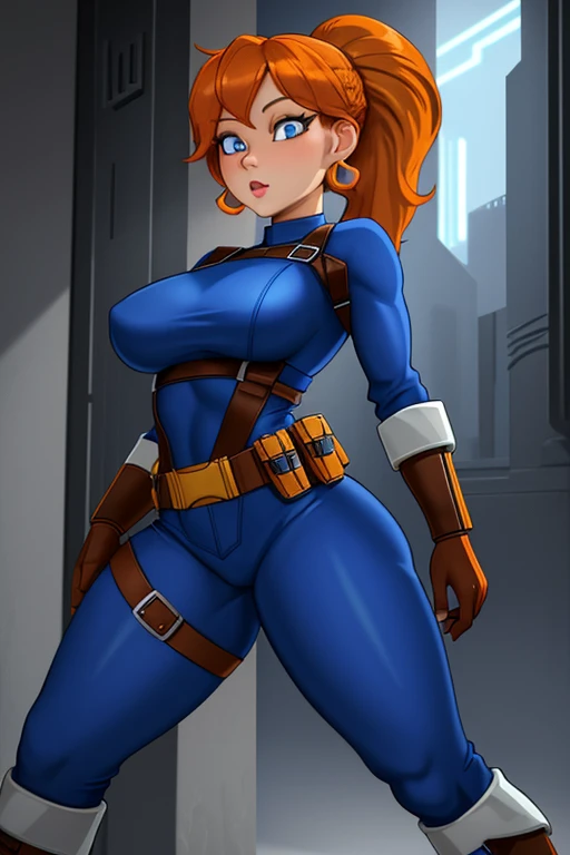 (masterpiece, best quality), intricate details, 1girl, solo, 32 year old woman, short orange hair, pony tail hair style, detailed blue eyes, light skin, medium breasts, tight blue futuristic jumpsuit, Utility Belt, Boots