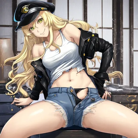 One beautiful woman, beautiful anime face, blonde, tall, long hair, smile, black police hat, white tank top, navel showing, side showing, torn denim shorts, crotch emphasis, spread legs, bedroom, super high quality 