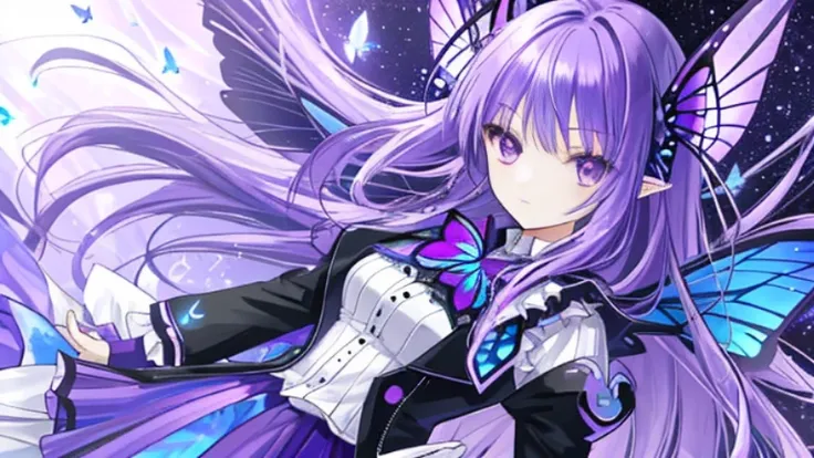 girl with purple hair, purple eyes, purple butterfly clip, purple fairy wings with blue gradient, sky, sexy clothes 