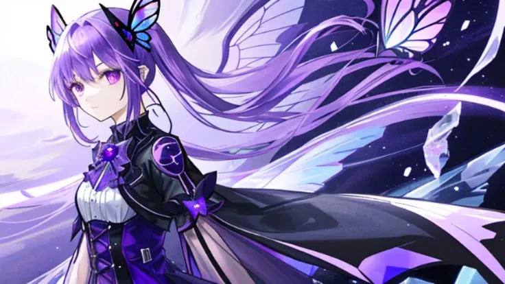 girl with purple hair, purple eyes, purple butterfly clip, purple fairy wings with blue gradient, sky, sexy clothes 