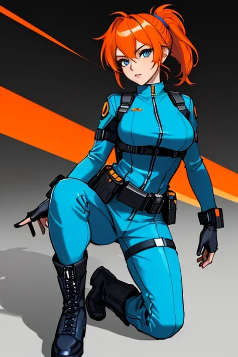 (masterpiece, best quality), intricate details, 1girl, solo, 32 year old woman, short orange hair, pony tail hair style, detailed blue eyes, light skin, medium breasts, tight blue futuristic jumpsuit, Utility Belt, Boots, Cyberpunk Themed