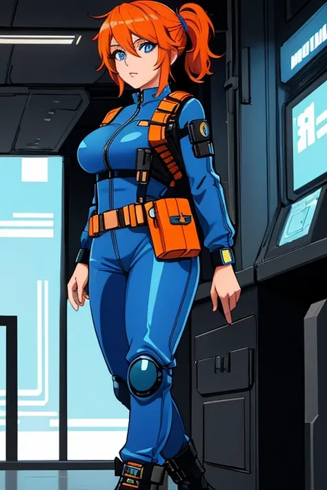 (masterpiece, best quality), intricate details, 1girl, solo, 32 year old woman, short orange hair, pony tail hair style, detailed blue eyes, light skin, medium breasts, tight blue futuristic jumpsuit, Utility Belt, Boots, Cyberpunk Themed