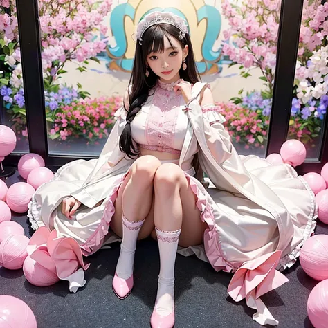 best quality, masterpiece, lifelike, 1 girl, alone, eternal, black hair, Long curly hair, blunt bangs, Smile, pink skirt, pink lolita dress, layered skirt, Lolita style long skirt,分層連衣裙 lace-trimmed 裙子, decorate, lace, long sleeve, puff sleeves, wide sleev...