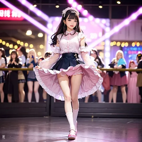 best quality, masterpiece, lifelike, 1 girl, alone, eternal, black hair, Long curly hair, blunt bangs, Smile, pink skirt, pink lolita dress, layered skirt, Lolita style long skirt,分層連衣裙 lace-trimmed 裙子, decorate, lace, long sleeve, puff sleeves, wide sleev...