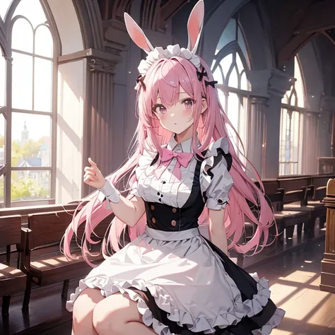 highest quality、masterpiece、8K、church、bunny maid、rabbit ears、pink hair