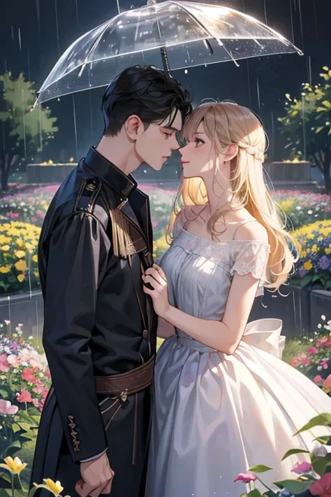 (1.5 SD male and womale, A romantic and sweet encounter, Height difference, light hair color and dark hair color, kiss, rain, flower garden, sharp details, high quality),
two individuals, One man and one woman, with a Height difference, Come join me for a ...