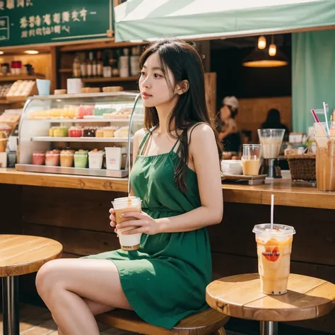 there is a woman wear dress green sitting in a chair drinking a drink, sitting in big white tent shop, in a coffee shop, drinking a strawberry iced , sitting in a table alone, drinking boba tea, with a straw, with a drink, sitting Alone in a coffee shop, d...