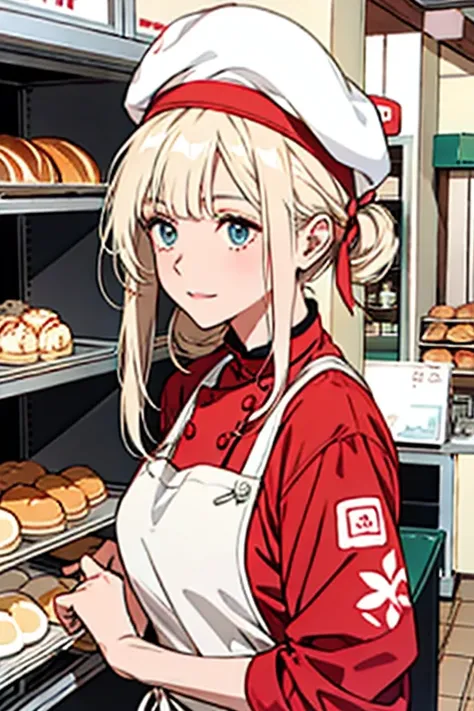 girl, friendly, bakery owner, inside bakery, ivory cheeks, white blonde hair, red and white chequered chefs hat