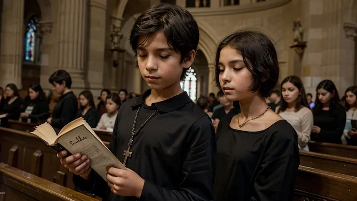 12 year old boy in black blouse with book in hand in church and rosary