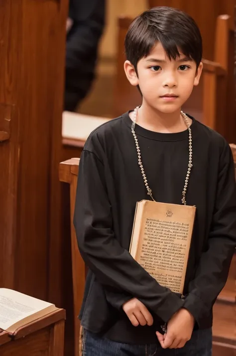 12 year old boy in black blouse with book in hand in church and rosary