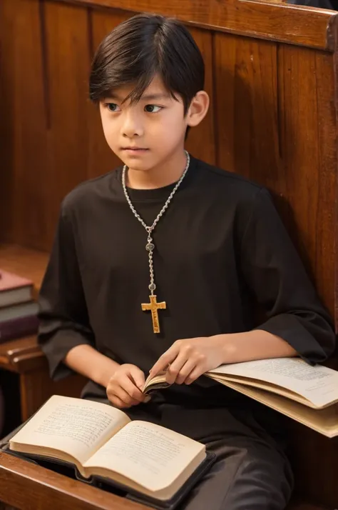 12 year old boy in black blouse with book in hand in church and rosary