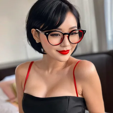 Short cut hairstyle with bright red inner color around the face of black hair、A face that suits round glasses with a cute smile、G cup sexy body、black dress with accentuated chest