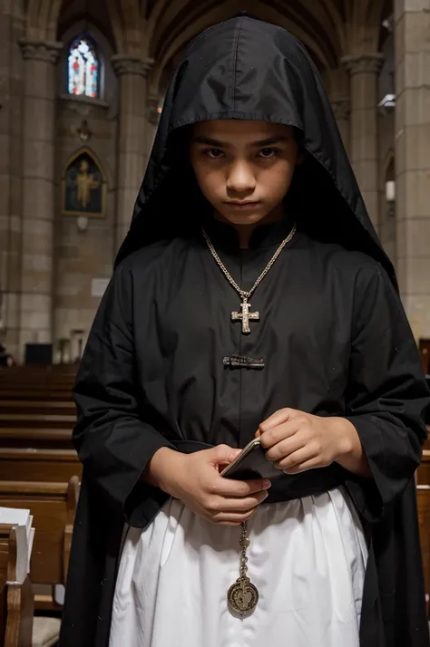 12 year old boy in black cassock and surplice with book in hand in church and rosary