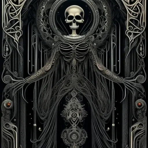 (masterpiece, best quality: 1.2), wide angle,goddess of death, ultra detailed, highest detail, (body horror: 1.4), flowing transparent gown of silk,perfect gown, (biomachine: 1.3), (bloody: 1.2), perfect skull, perfect skeleton, beautiful skull, waves of l...