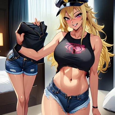 1 beautiful girl, anime face, blonde, long hair, tall, smiling, black police hat, transparent tank top, belly button, armpits, r...