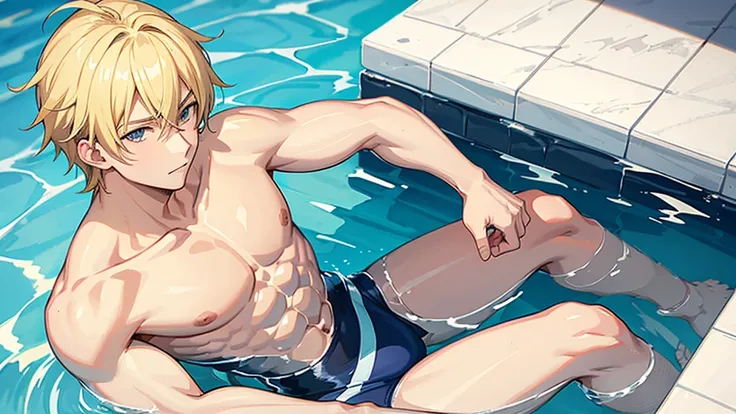 Blond haired anime style guy sitting at the side of a pool, speedo style light blue swimwear, anime character, shirtless, visible abdominals