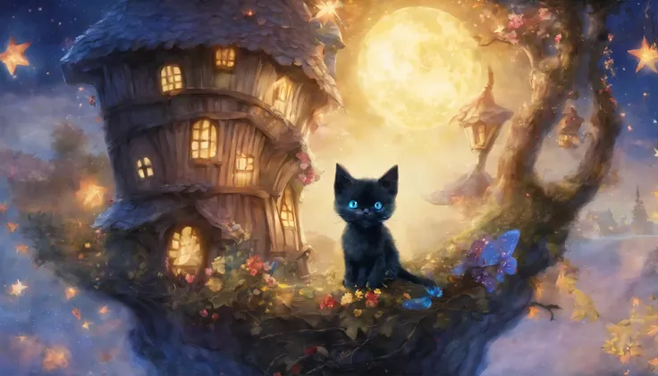 ((highest quality)), ((masterpiece)), be familiar with、(one black kitten with blue eyes、happy kitten,I&#39;m looking at a big star shining in the night sky)、one&#39;s home、Grimm fairy tale style