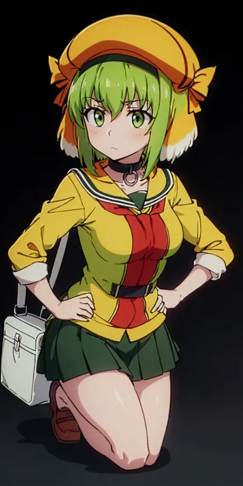 ((black background)) kneel on WHITE sheet, short bob hair green hair, GREEN EYES, kindergarten_uniform,yellow hat,red school bag, leather choker collar slave , (hands on hips, clenching fist 👊 ✊️)