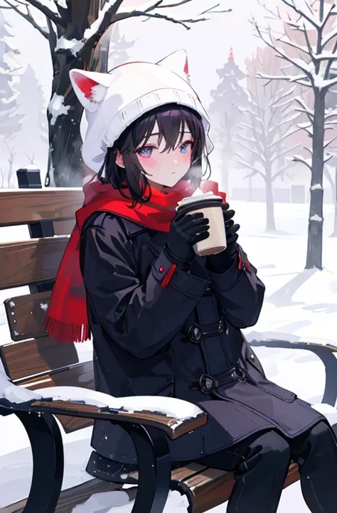 (best quality, masterpiece), (male focus:1.2), (1boy:1.2), solo, cute boy, looking up at snowfall, sitting on bench, enjoying coffee, steam out of coffee, holding coffee, coffee, black hair, short hair, hair between eyes, violet eyes, big eyes, blush, stea...