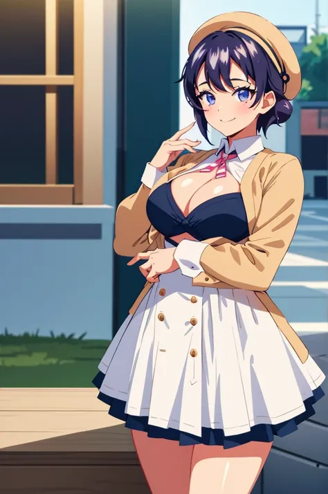 The centerpiece of the picture is Mako-Chan, standing outside with a confident smile. Sie hat dunkle Haare, die zu einem seitlichen Pferdeschwanz gestylt sind. She wears a miniskirt with nothing underneath and shows her pussy, nackter Arsch, She covers her...