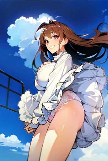 long sleeve、white underwear、huge breasts、big breasts、white lace underwear、grin、big breasts、pink underwear