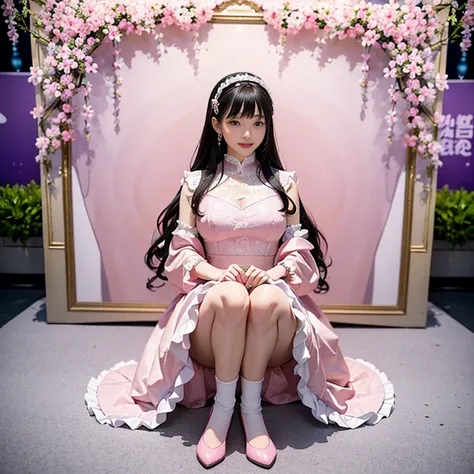 best quality, masterpiece, lifelike, 1 girl, alone, eternal, black hair, Long curly hair, blunt bangs, Smile, pink skirt, pink lolita dress, layered skirt, Lolita style long skirt,分層連衣裙 lace-trimmed 裙子, decorate, lace, long sleeve, puff sleeves, wide sleev...