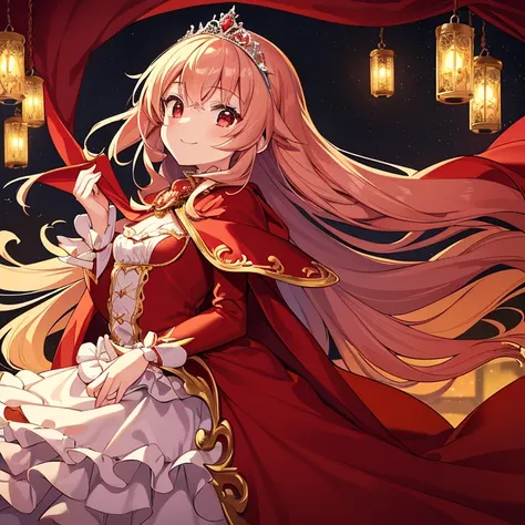 (best quality),(ultra detailed), upper body, beautiful anime art style, rococo style,(long train red cape), very long cape,(long train white ball gown with flower decorations), a girl is wearing a cape over her ball gown, 1 little princess, tiara, small br...