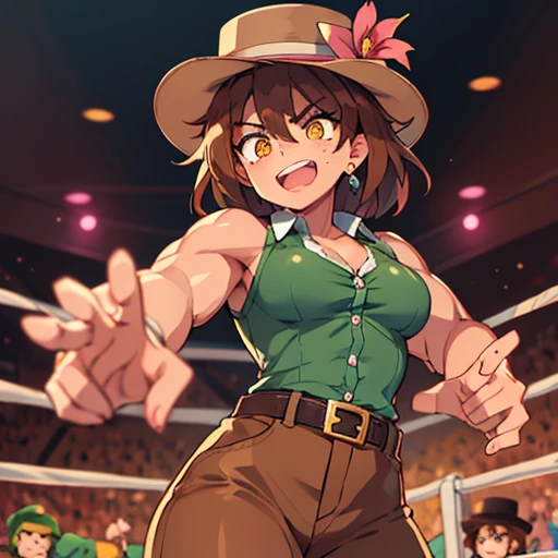 Women,muscular,toned, muscular,elegant,brown hair, yellow eyes,Green top hat,manos de luchadora,solo,sonrisa rabiosa,brown pants,Button-up shirt,fighting pose,Open hands towards the viewer ,Belt at the waist ,Mole on the face,Pink ribbon on the hat, open m...