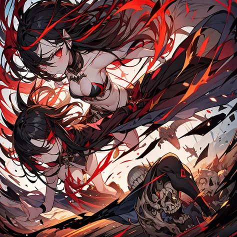 witch,black hair,red eyes,1girl,black clothes,king of monsters,Skull on the ground,Skeletons Scattered