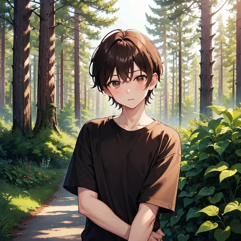 masterpiece, best quality, cabin, forest, outdoor, looking at viewer, upper body, 1boy, brown hair, short hair, male hair, brown eyes, red and black shirt, short sleeves, shota, blush