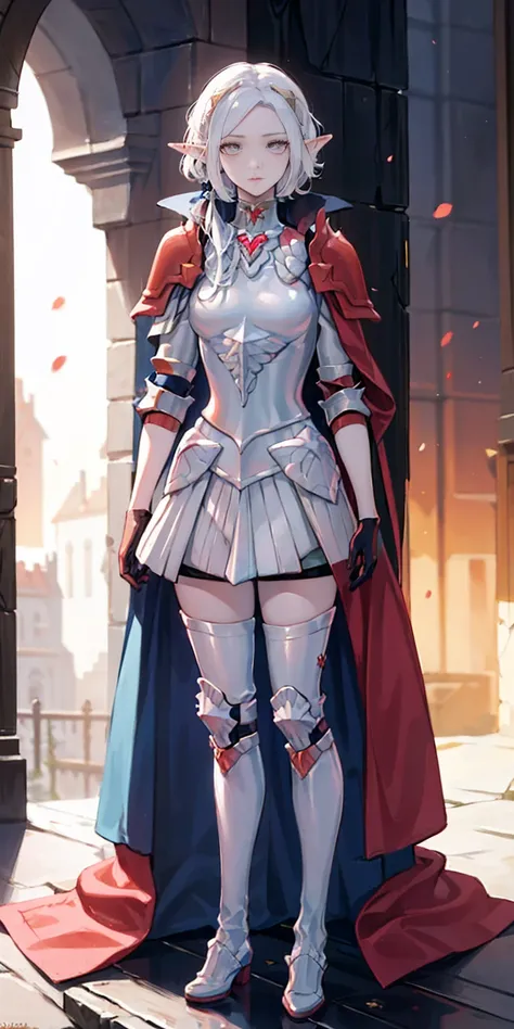 masterpiece, best quality, high quality, 1solo white SKIN elf, long hair, white hair, yellow eyes, full body, def_effie, blue breastplate, looking at viewer, shiny,armor, thighhighs, high boots,shoulder armor, faulds, poleyn, gloves, gauntlets