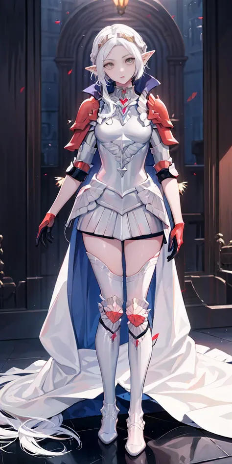 masterpiece, best quality, high quality, 1solo white SKIN elf, long hair, white hair, yellow eyes, full body, def_effie, blue breastplate, looking at viewer, shiny,armor, thighhighs, high boots,shoulder armor, faulds, poleyn, gloves, gauntlets