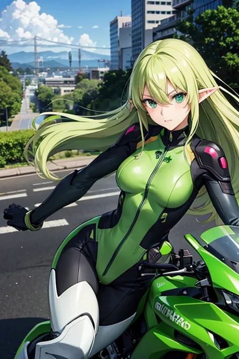 anime picture、Driving a green sports bike in SF、An elven woman, about 170cm tall, around 34 years old.、Green Rider Suit、medium blonde hair、knee protector、Elbow protectors、gloves、boots、ShadowRun