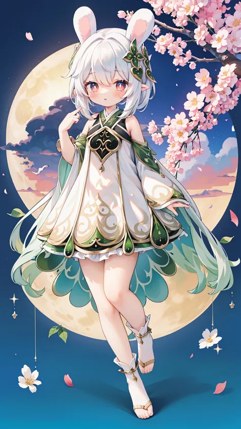 （tmasterpiece，best qualtiy：1.2），illustratio，absurderes，A high resolution，The is very detailed，1 petite girl，with short white hair，bunny ears，red eyes，eyes highlights，Hanfu，shift dresses，Short fluffy sleeves，frilld，exteriors，blossoms，Fluttering petals，The u...