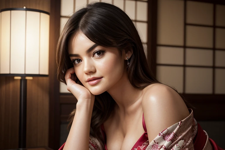 Lucy Hale, Slim, hair falling in soft waves over her shoulders, stands confidently inside the lens of an F1.8 camera. Inside soft lit empty Japanese room. Her slender figure is accentuated by the sexy ultra-detailed colorful Japanese kimono she wears, expo...