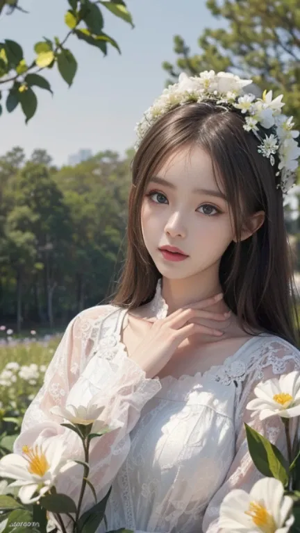 best quality、masterpiece、ultra high resolution、actual、1 girl、shiny skin、((Surreal detailed))、global photos、8K、Highly intricate details、shining eyes、elegant posture、white lace、There are many flowers in the background