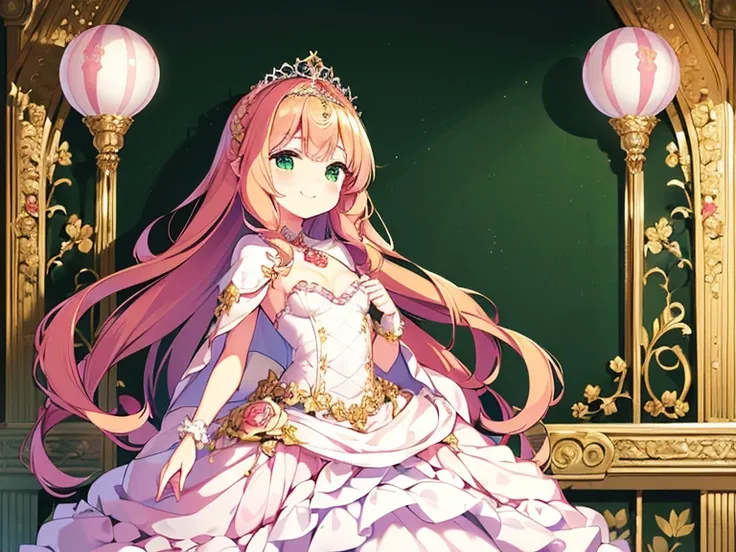 (kawaii),(best quality,4k,highres),upper body,(rococo style),(long train pink cape),(long train white ball gown with flowers),(detailed fabric),a girl wearing a cape over her dress,1 little princess, tiara, smile, very long hair,(small delicate breasts), g...