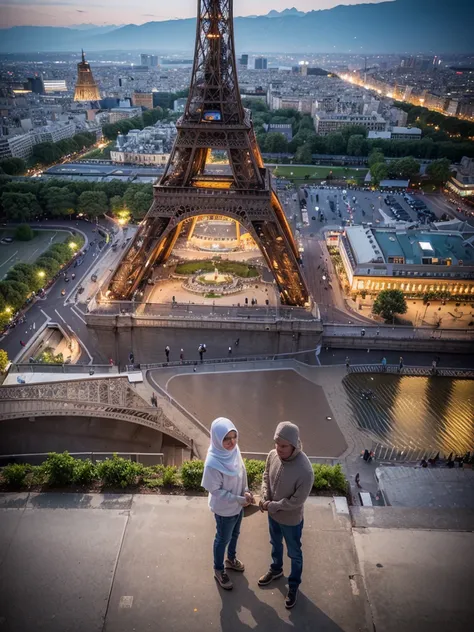 Masterpiece, upper, very detailed, real photos, couple indonesian woman wearing hijab and indonesian man wearing a sweater and jeans, standing facing the camera under the Eiffel Tower at night , 32K ultraHD resolution, HDR, 800mm lens, realistic , hyperrea...