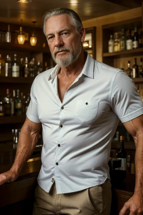 (best quality, highres, realistic:1.37), portrait, 60-year-old white man, disgusting, muscular, kind, buttoned-up shirt, pants, ...