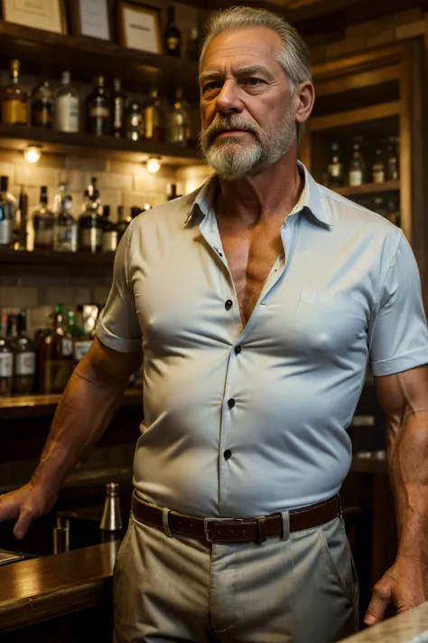 (best quality, highres, realistic:1.37), portrait, 60-year-old white man, disgusting, muscular, kind, buttoned-up shirt, pants, stylish beard, bartender