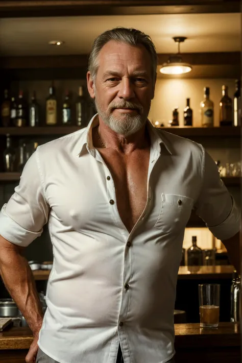 (best quality, highres, realistic:1.37), portrait, 60-year-old white man, disgusting, muscular, kind, buttoned-up shirt, pants, stylish beard, bartender