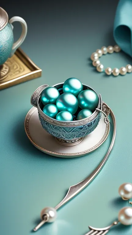 Top jewelry photography, Silver Chinese classical long handle hairpin, Pearls and tassels, Place on a simple and clean table, Set against a background of sapphire green and blue styles, pastel colors,Fun and simple composition, Product photography, Best im...